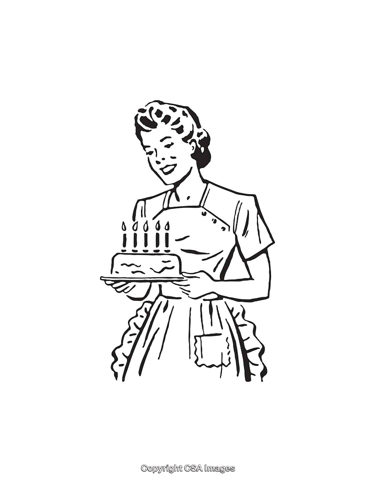Retro Line Art Illustration of a Woman Holding a Birthday Cake