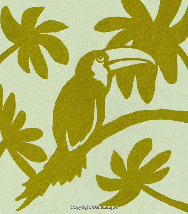 Stylized Yellow Toucan on Branch Surrounded by Tropical Greenery