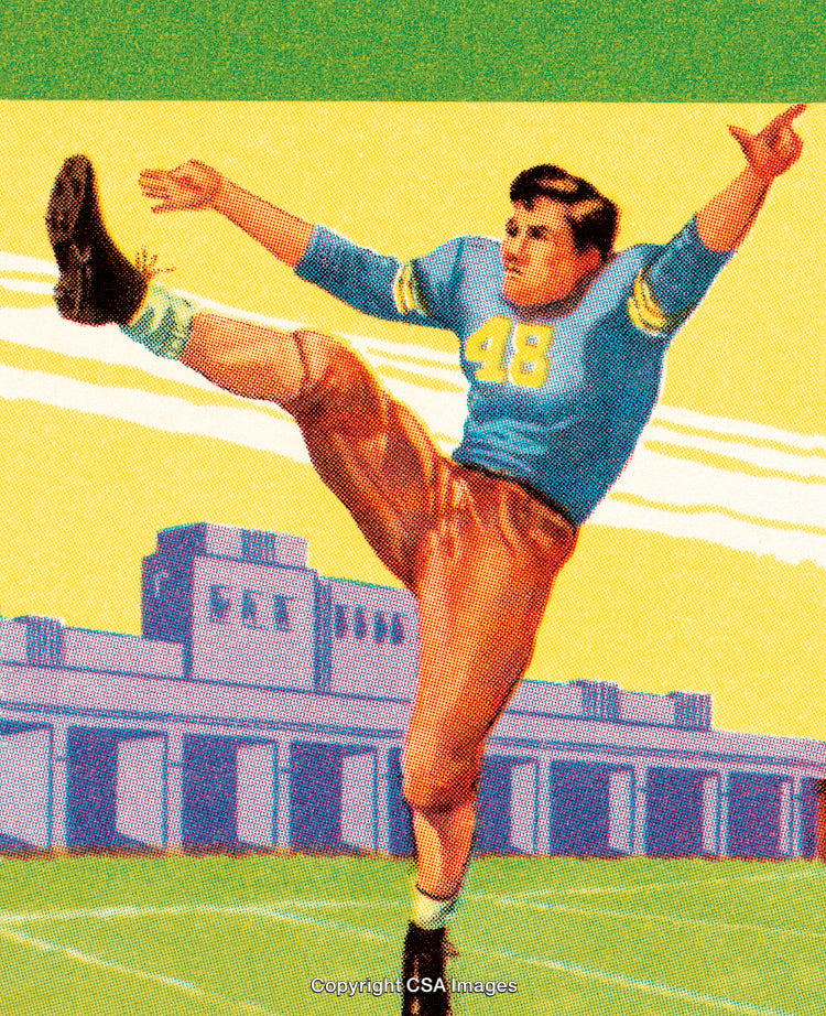 Vintage Illustration of a Football Player Performing a Kick on a Field
