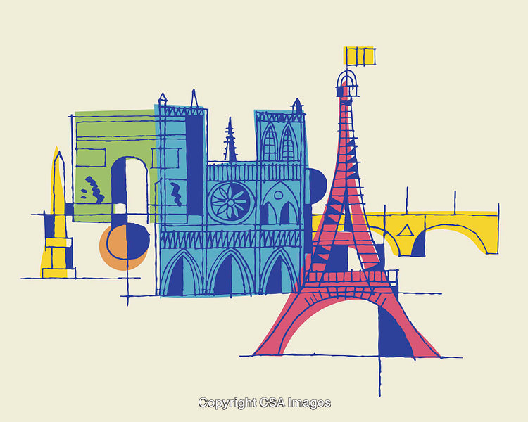 Colorful Abstract Illustration of Iconic Paris Landmarks and Monuments