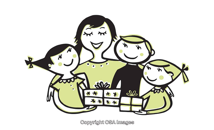 Cheerful Family Sharing Gifts in a Whimsical Illustration Style