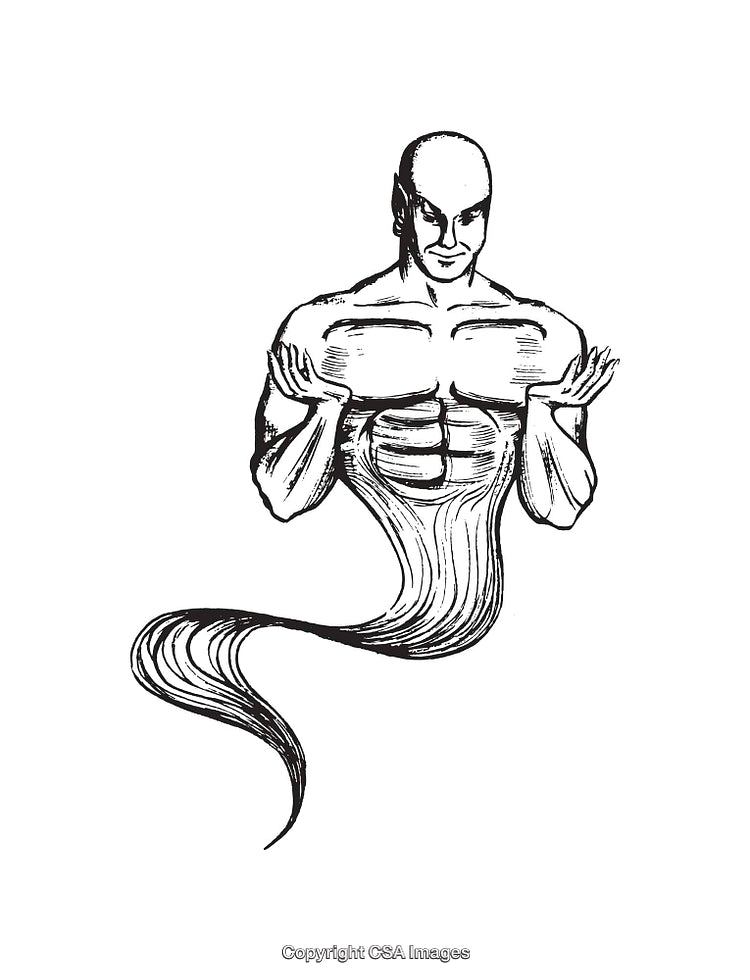 Black and White Line Art Genie-Like Character Illustration in Minimalist Style