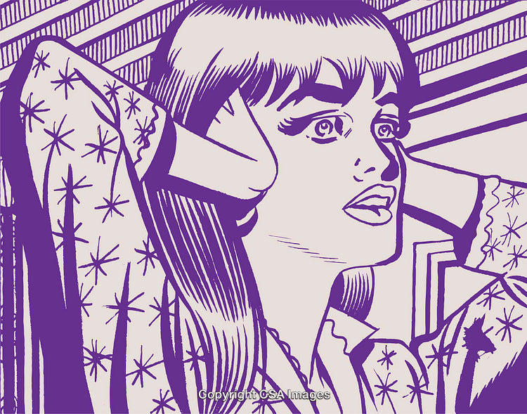 Vintage-Style Illustration of a Woman in Deep Thought with Pop Art Vibes