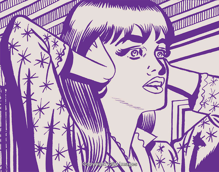 Vintage-Style Illustration of a Woman in Deep Thought with Pop Art Vibes