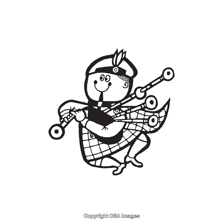 Black and White Illustration of Bagpiper in Traditional Scottish Attire