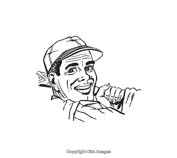 Black and White Line Art Drawing of a Smiling Man Wearing a Baseball Cap