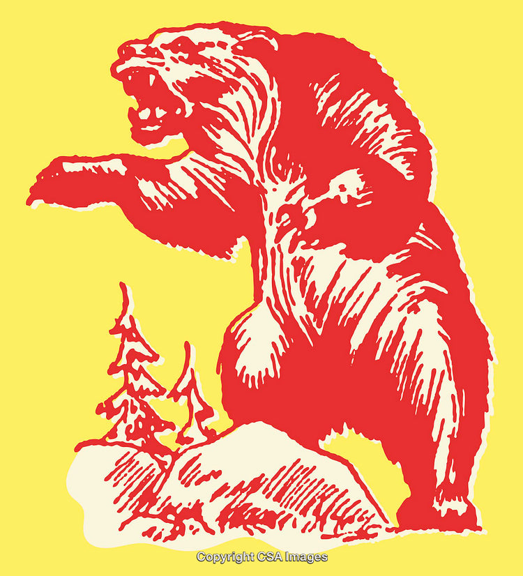 Vibrant Red Bear Drawing Featuring Nature Elements on a Yellow Background