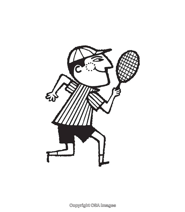 Black and White Illustration of a Tennis Player in Action