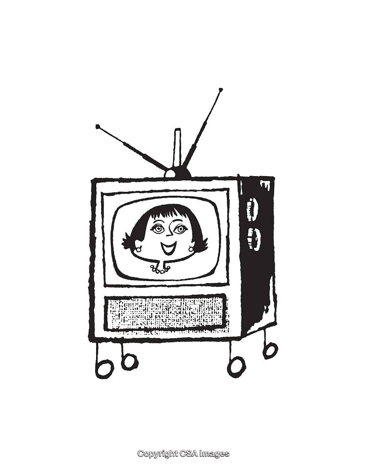 Retro TV Illustration With Cartoon Woman Inside Black and White Drawing
