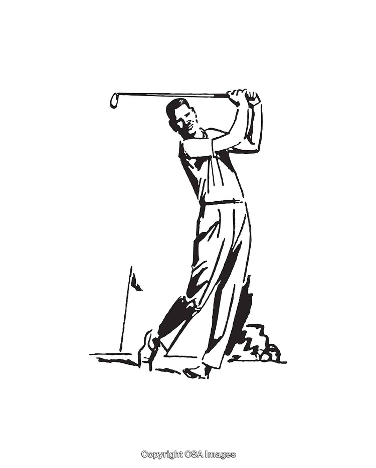 Black and White Illustration of a Golfer Swinging on a Course