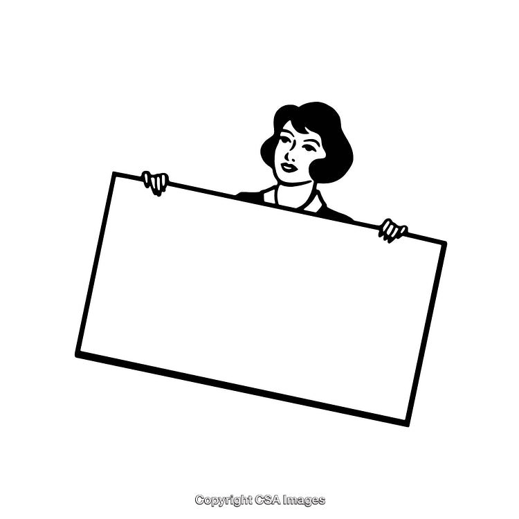 Retro Style Black and White Illustration of Woman Holding A Blank Sign