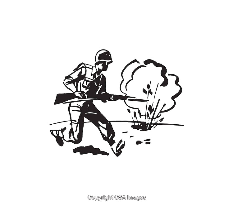 Black And White Illustration of a Soldier Amidst an Explosion Scene