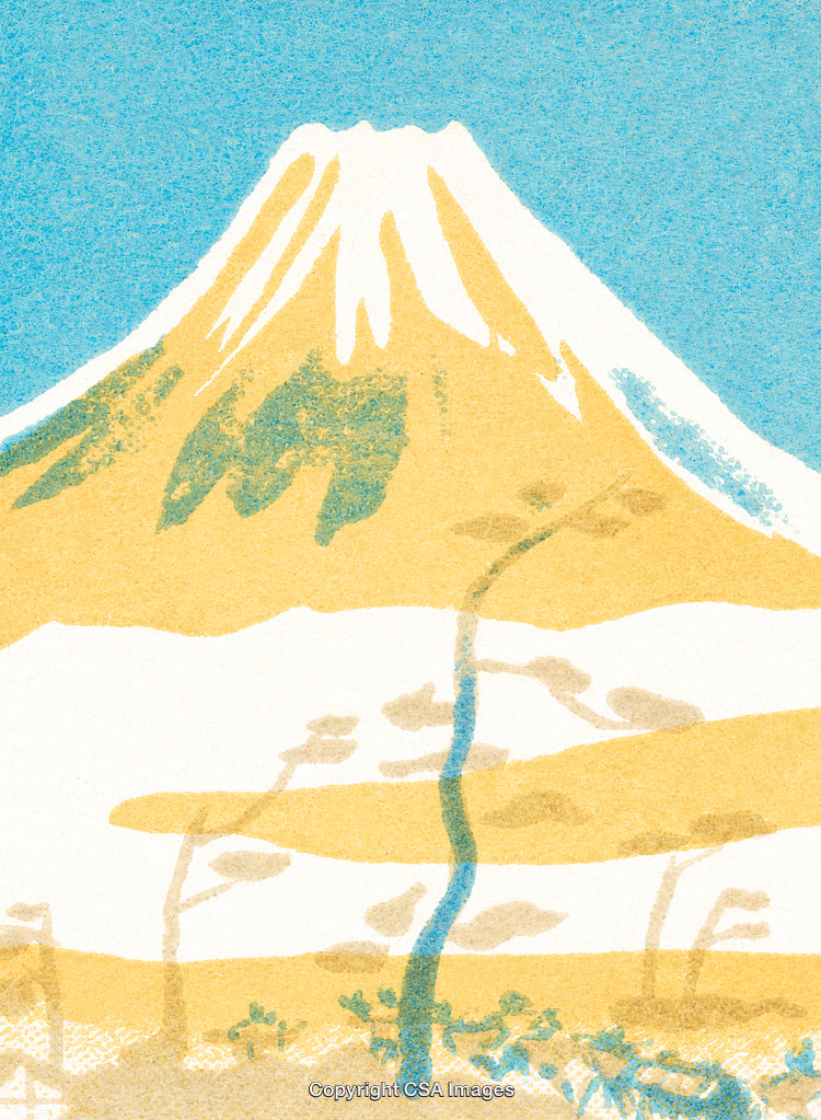 Illustration of Mount Fuji in Pastel Colors with Plants in the Foreground