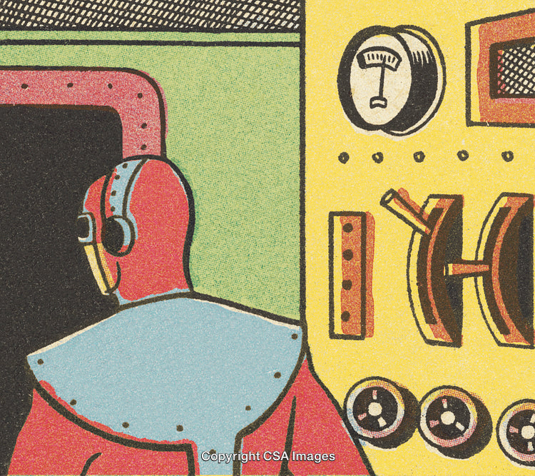 Vintage Illustration of Futuristic Operator in a Retro Sci-Fi Environment