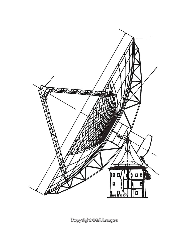 Detailed Black and White Line Art of a Radio Dish Structure