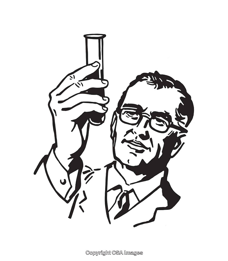 Black and White Illustration of a Scientist Examining a Test Tube