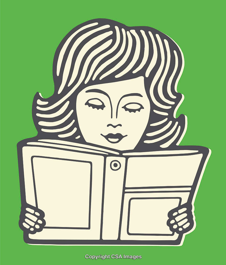 Stylized Illustration of a Woman Reading a Book on a Green Background