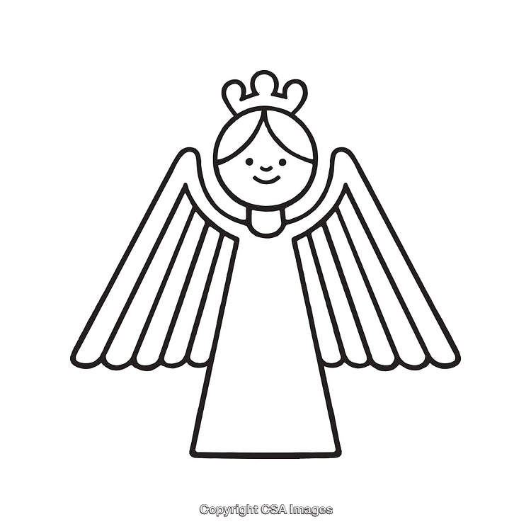 Illustration of a Smiling Angel with Wings and a Crown in Line Art Style