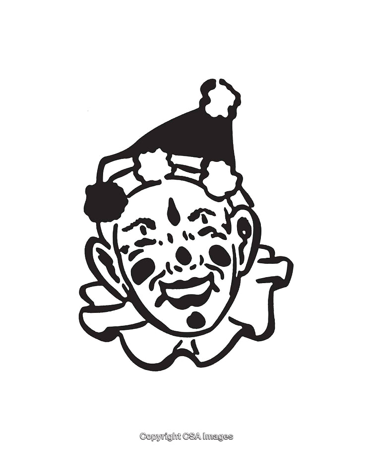 Black and White Line Art Illustration of Laughing Clown with Hat