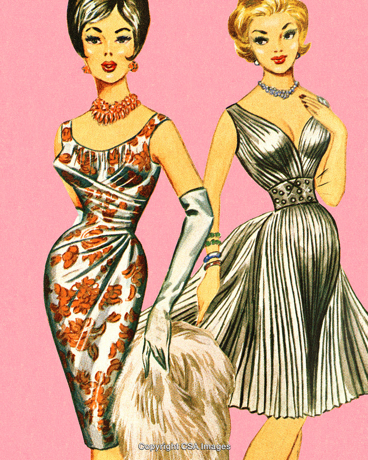 Elegant Retro-Style Fashion Illustration Depicting Two Glamorous Women in Vintage Dresses