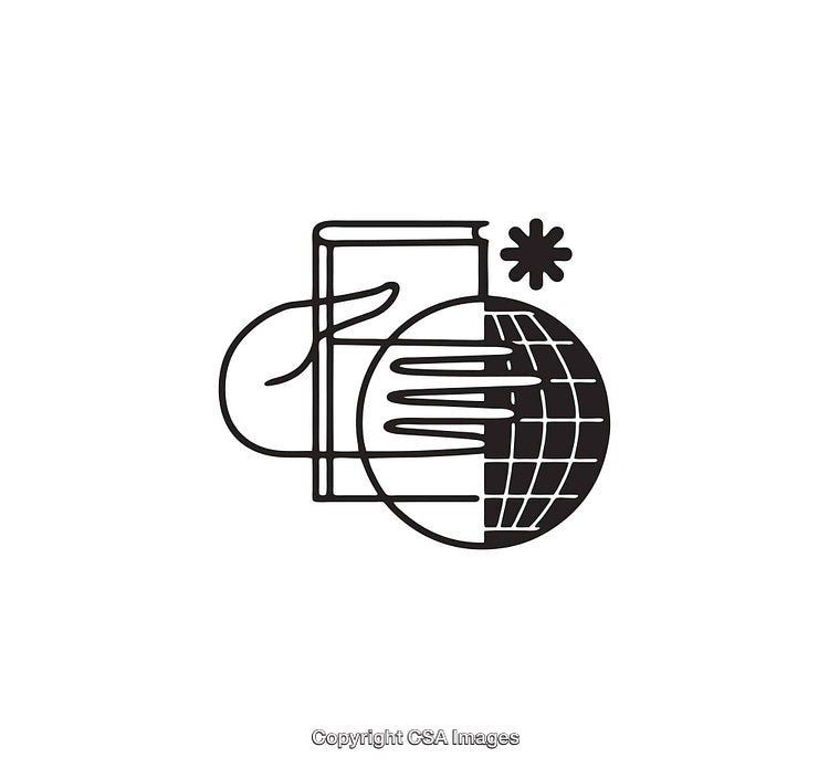 Black and White Line Art Illustrating a Globe, Books, and Symbolic Elements