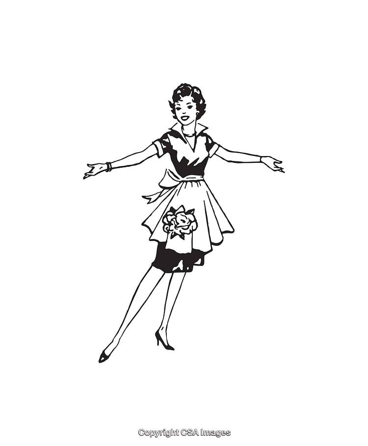 Retro Black and White Illustration of a Cheerful Woman in an Apron