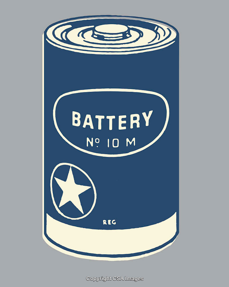 Retro Style Illustration of a Battery in Blue and White Design