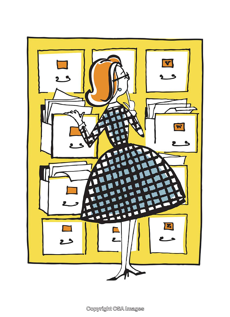 Illustration of Woman Organizing Files in a Retro Style Filing Cabinet