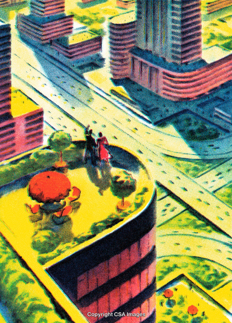 Futuristic Cityscape Illustration Featuring Rooftop Activities and Modern Architecture