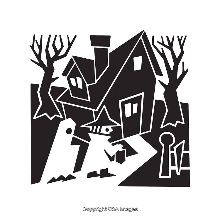 Halloween-Themed Illustration Featuring Witch, Ghost, and Haunted House in Black and White