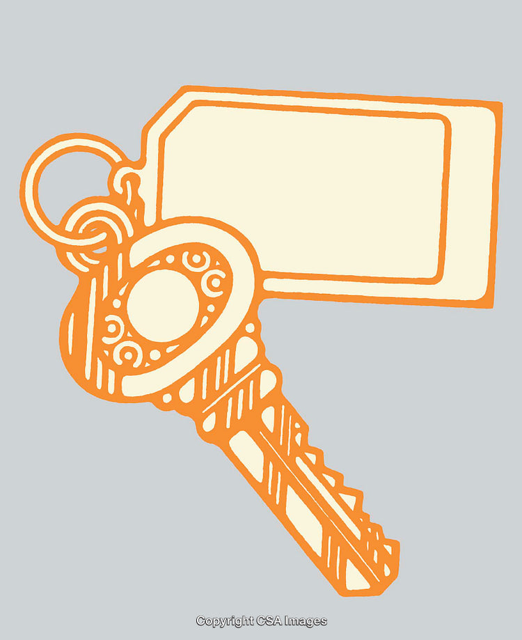 Key with Tag in Minimalistic Orange Line Art Style on Gray Background