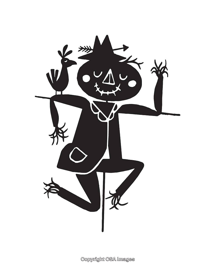 Playful Scarecrow with Bird Illustration in Black and White