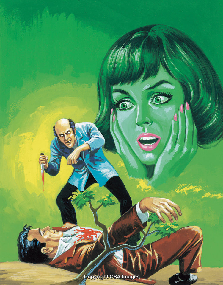 Dramatic Illustrated Scene with Green Hue and Suspenseful Characters