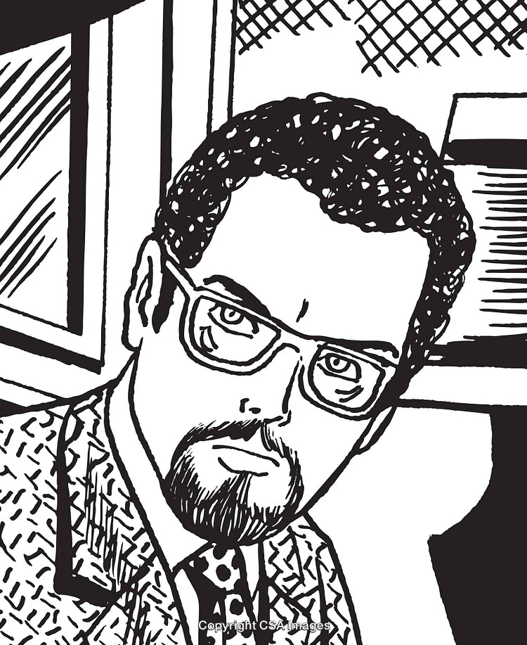 Black and White Illustration of a Serious Man in a Modern Office Setting