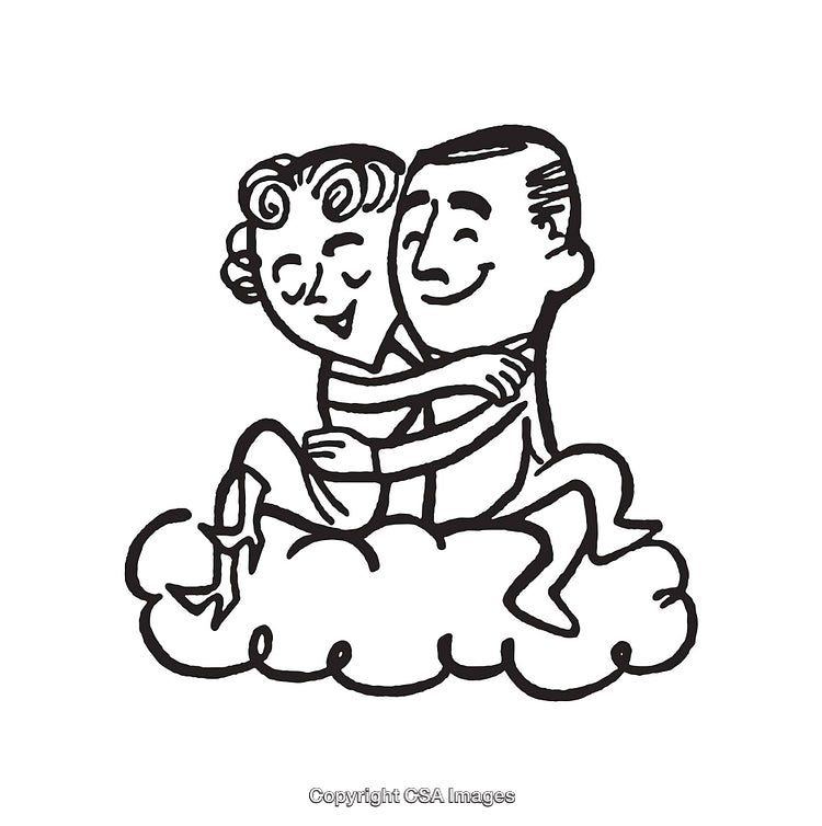 Couple Embracing on Cloud in Retro Line Art Style