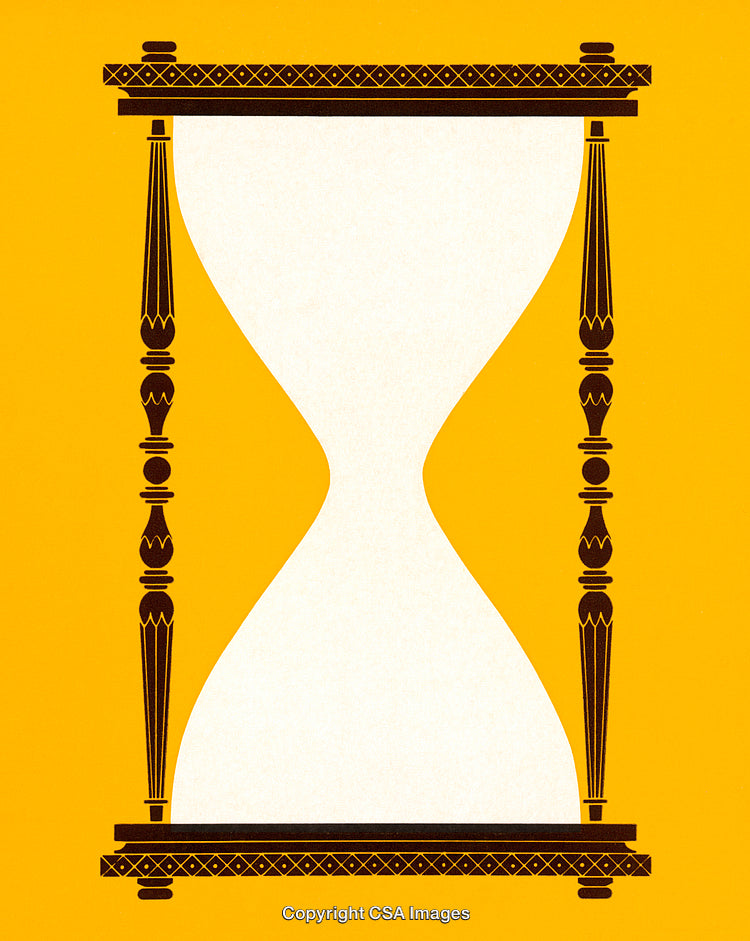 Classic Hourglass Illustration with Bold Yellow Background and Elegant Detailing