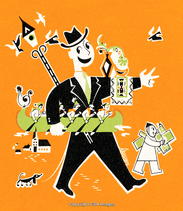 Colorful Vintage Cartoon Illustration of Family and Community Activities