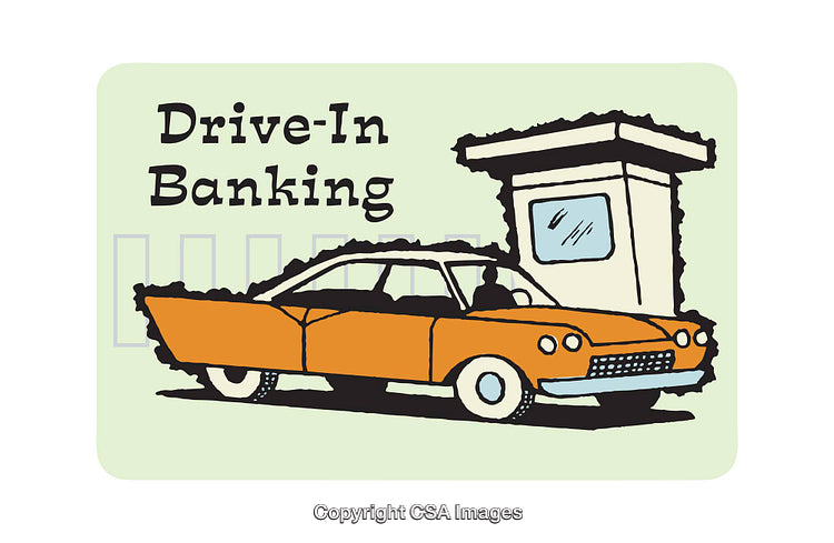 Retro Illustration of Drive-In Banking with Orange Car and Teller Booth
