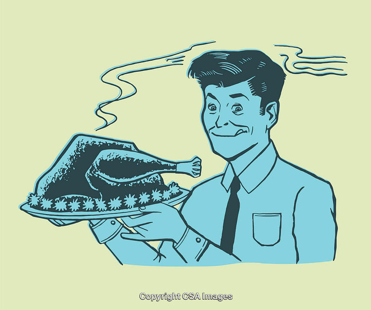 Illustration of a Man Delightfully Holding a Steaming Roasted Turkey