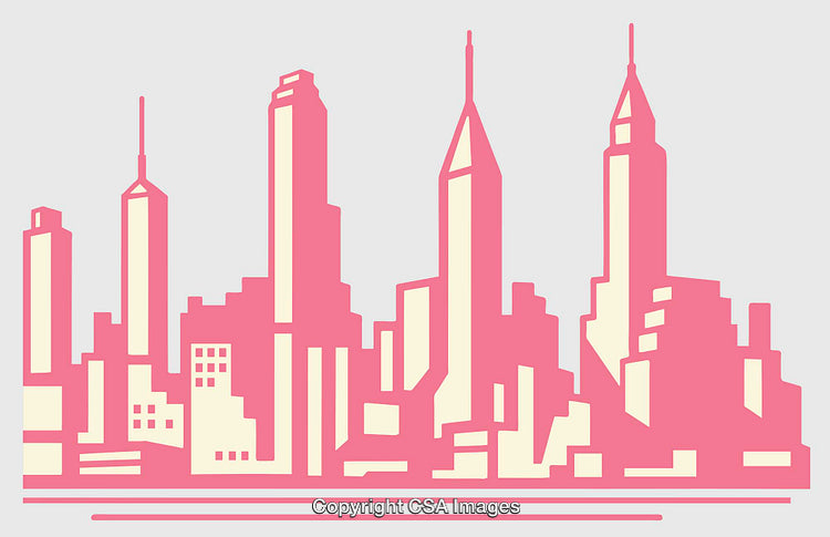 Modern City Skyline in Simplistic Pink Line Art Illustration