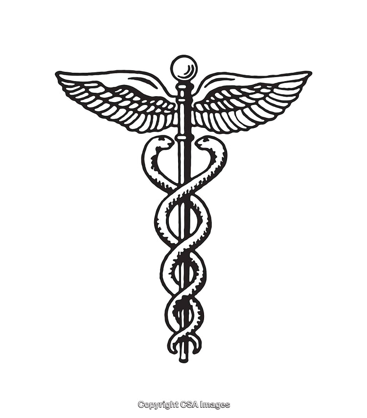 Black and White Caduceus Symbol with Serpent Twists and Wings