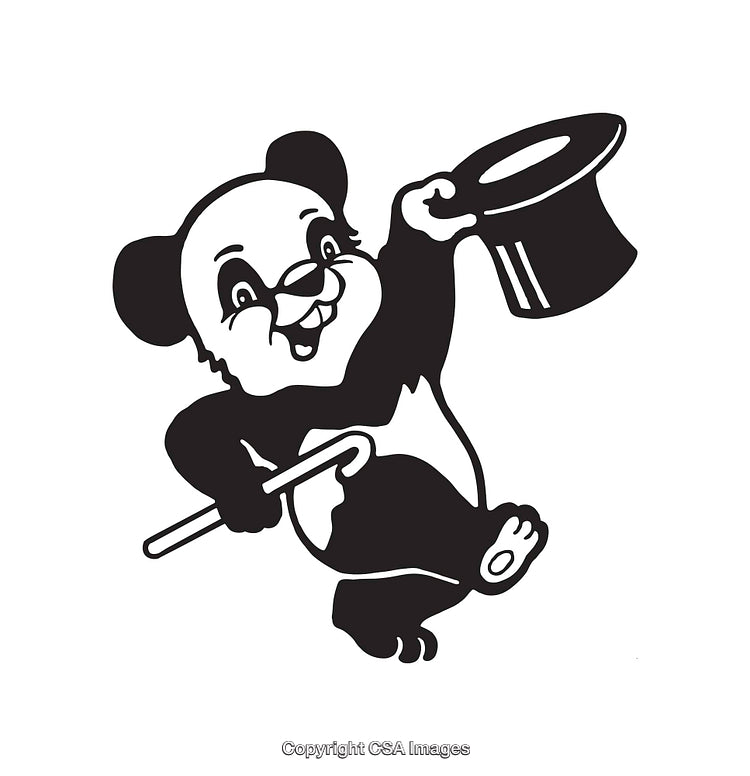 Cartoon Panda Performing With Top Hat and Cane in Line Art Style