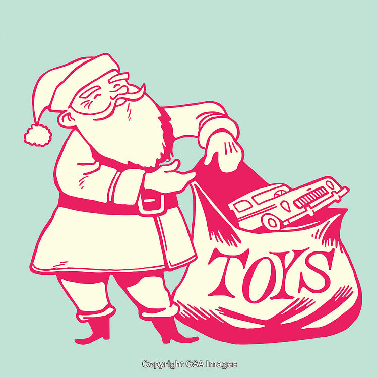 Vintage Styled Santa Claus Holding a Toy Sack with Retro Artwork