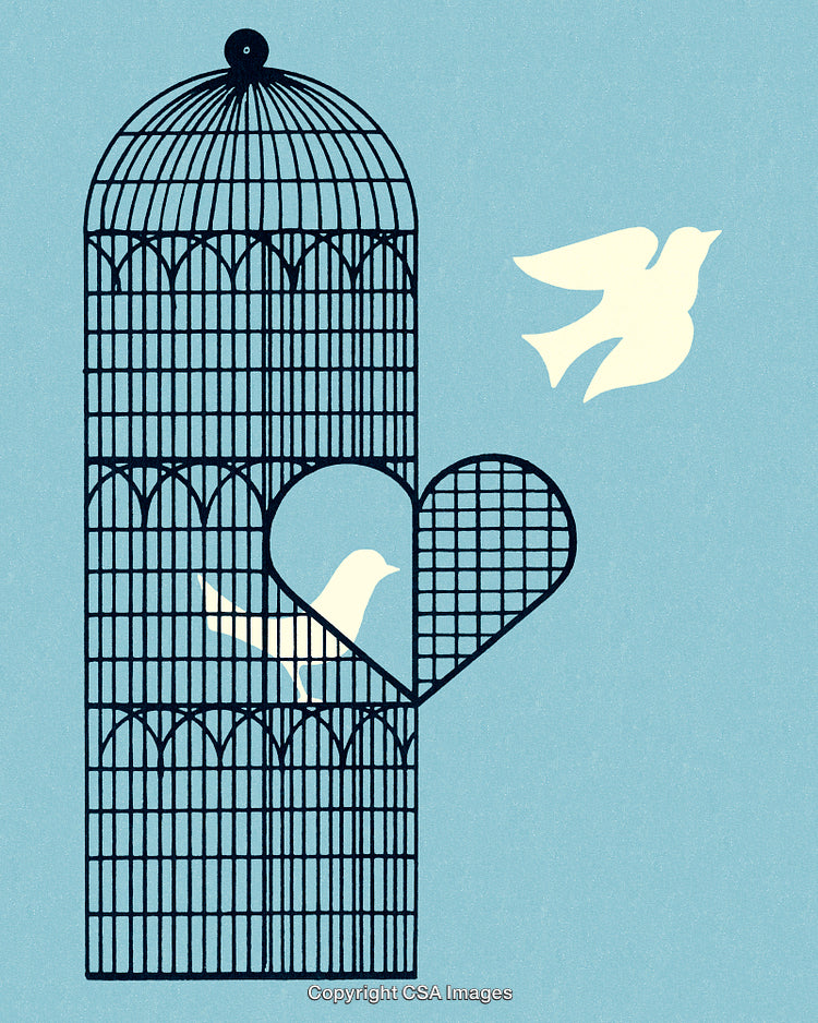 Bird Flying Away From a Heart-Shaped Cage Opening on a Minimalist Blue Design