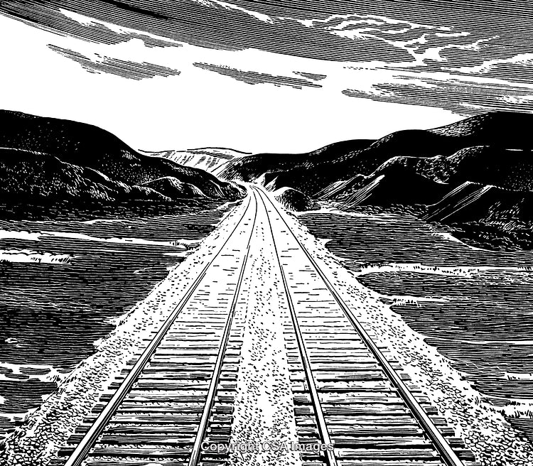 Detailed Black and White Engraving of Railroad Tracks Through Scenic Countryside