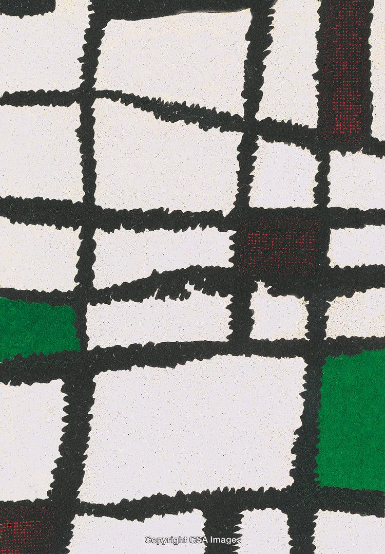 Abstract Geometric Artwork With Black, White, Red, and Green Squares