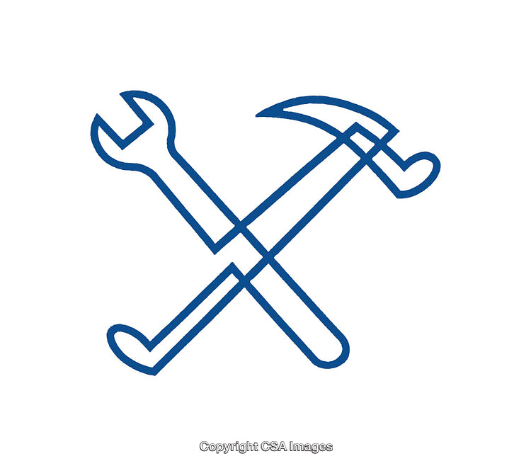 Blue Outline Icon of Crossed Hammer and Wrench on White Background
