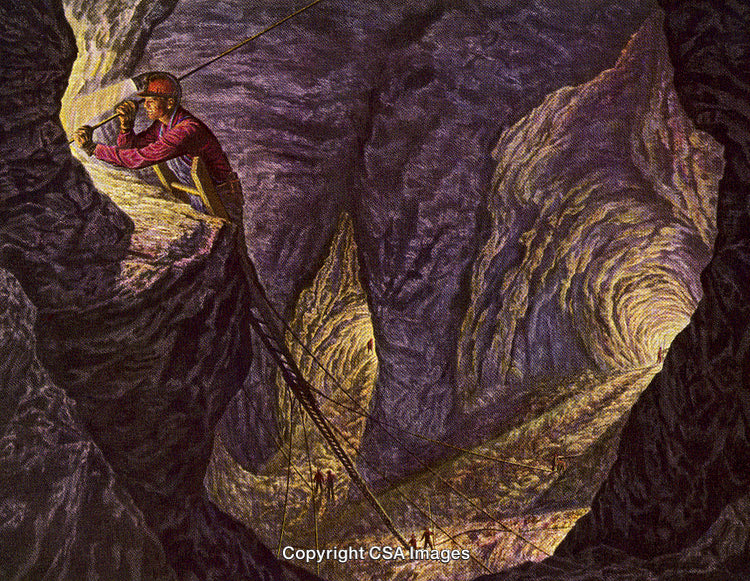 Miner Working in a Deep Underground Cave with Illuminated Rock Walls