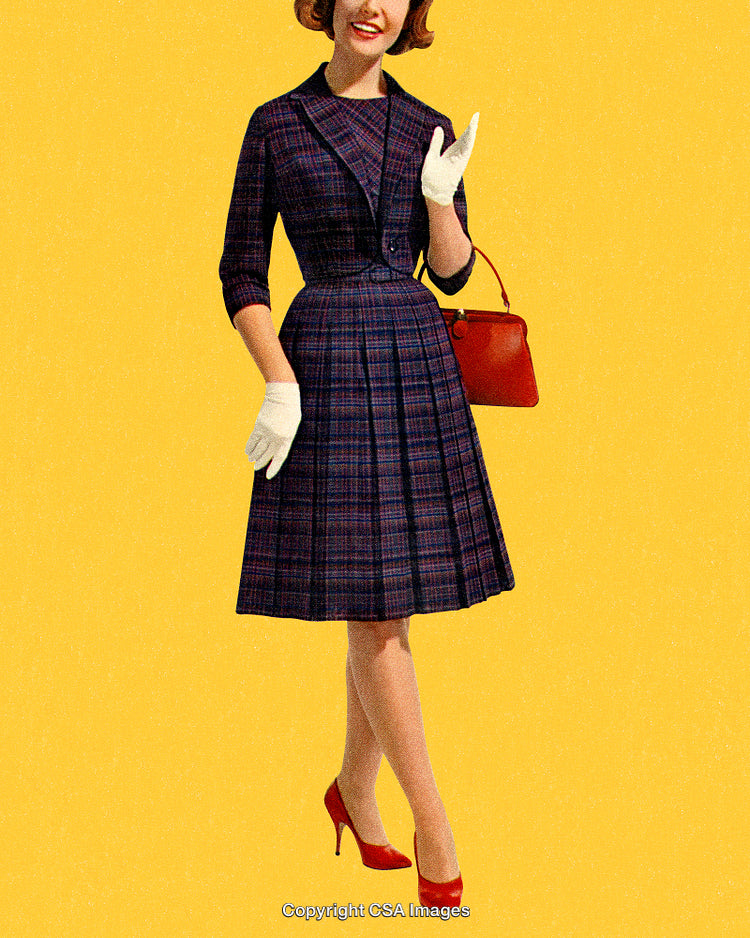 Retro Styled Woman in Plaid Dress on Vibrant Yellow Background