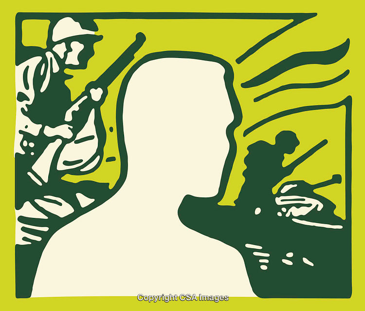 Silhouette of a Figure Amid Military and War Iconography in Line Art